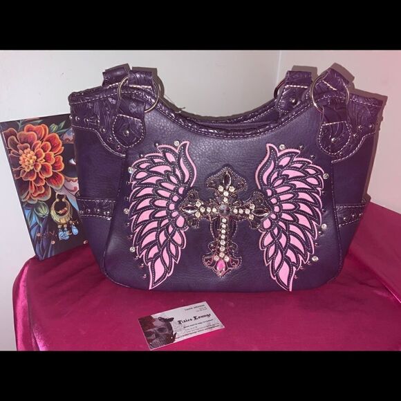 Rhinestone Cross Embroidered Carry Handbag In Purple